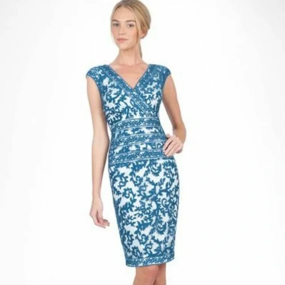 tadashi shoji lace overlay dress NEW $328 Tadashi Shoji Dress Womens 10 Blue Lace Overlay Blouson Ribbon  Belted